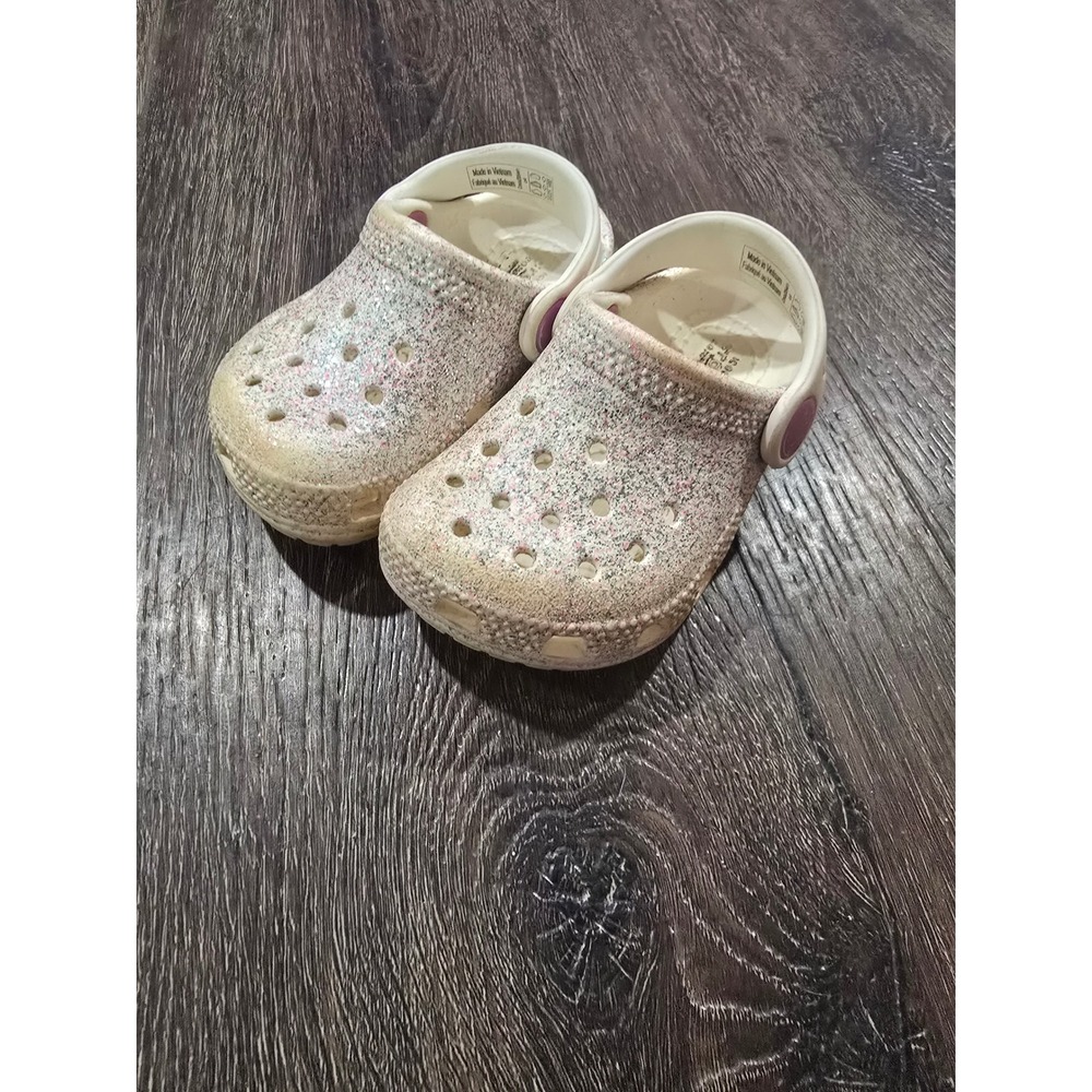 Crocs Classic Glitter Clog Toddler Shoes White Multi Color Sparkle C4